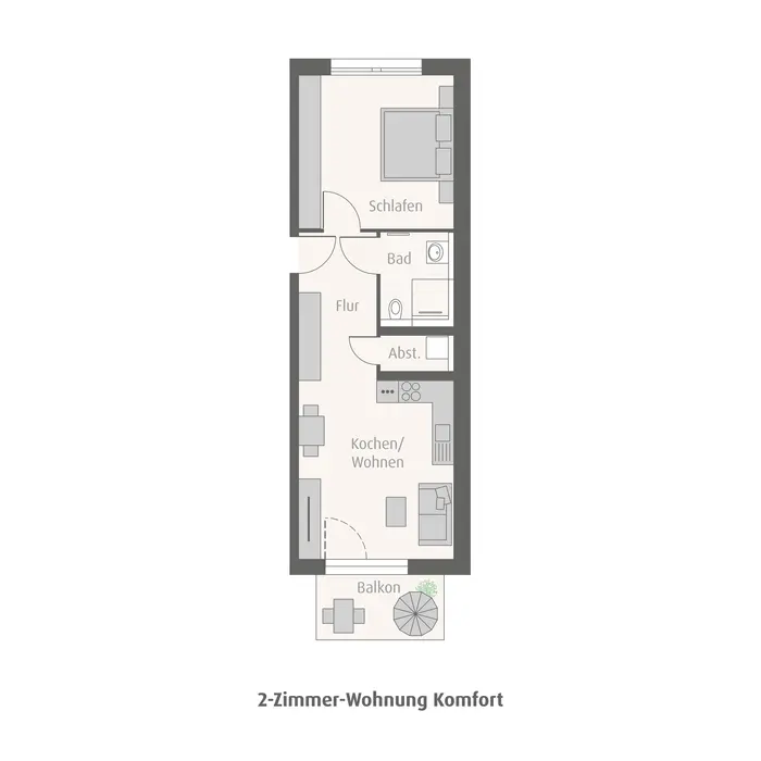 weisenburger Grundrissmodell einer zwei Zimmerwohnung mit Kueche, Badezimmer, Schlafzimmer und Balkon 