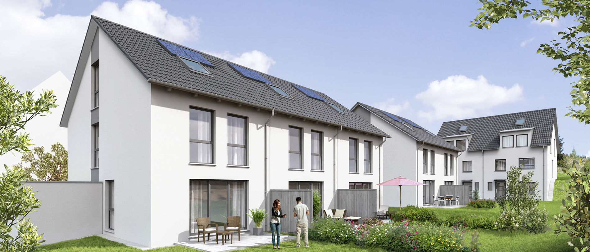 Visualization terraced house project Garden view of a terraced house on a sunny day with two people in the garden