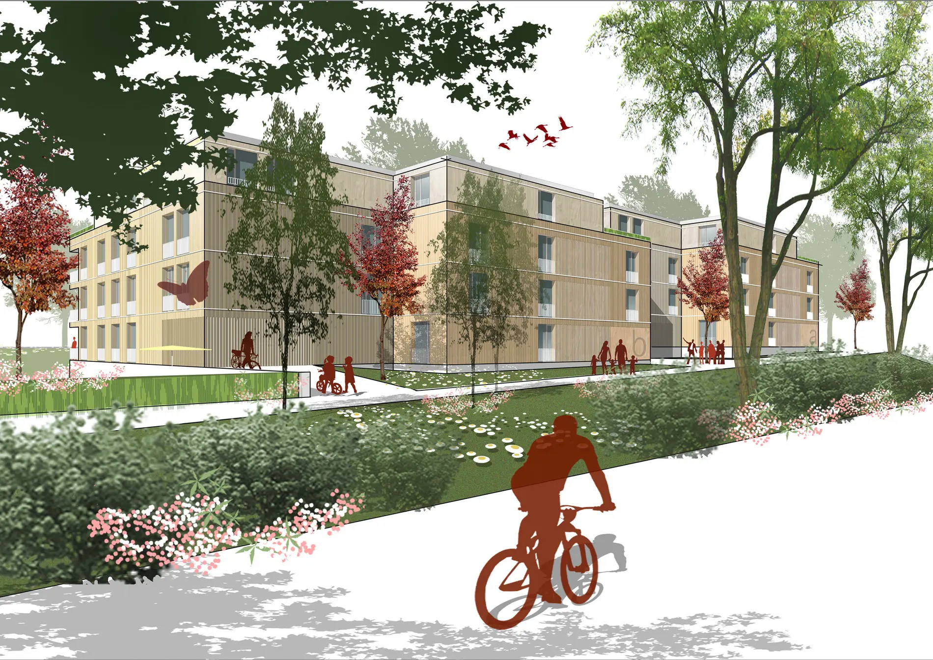 Visualization of modern apartment buildings by weisenburger in Leonberg-Schuetzenrain with a focus on sustainability and integration into nature