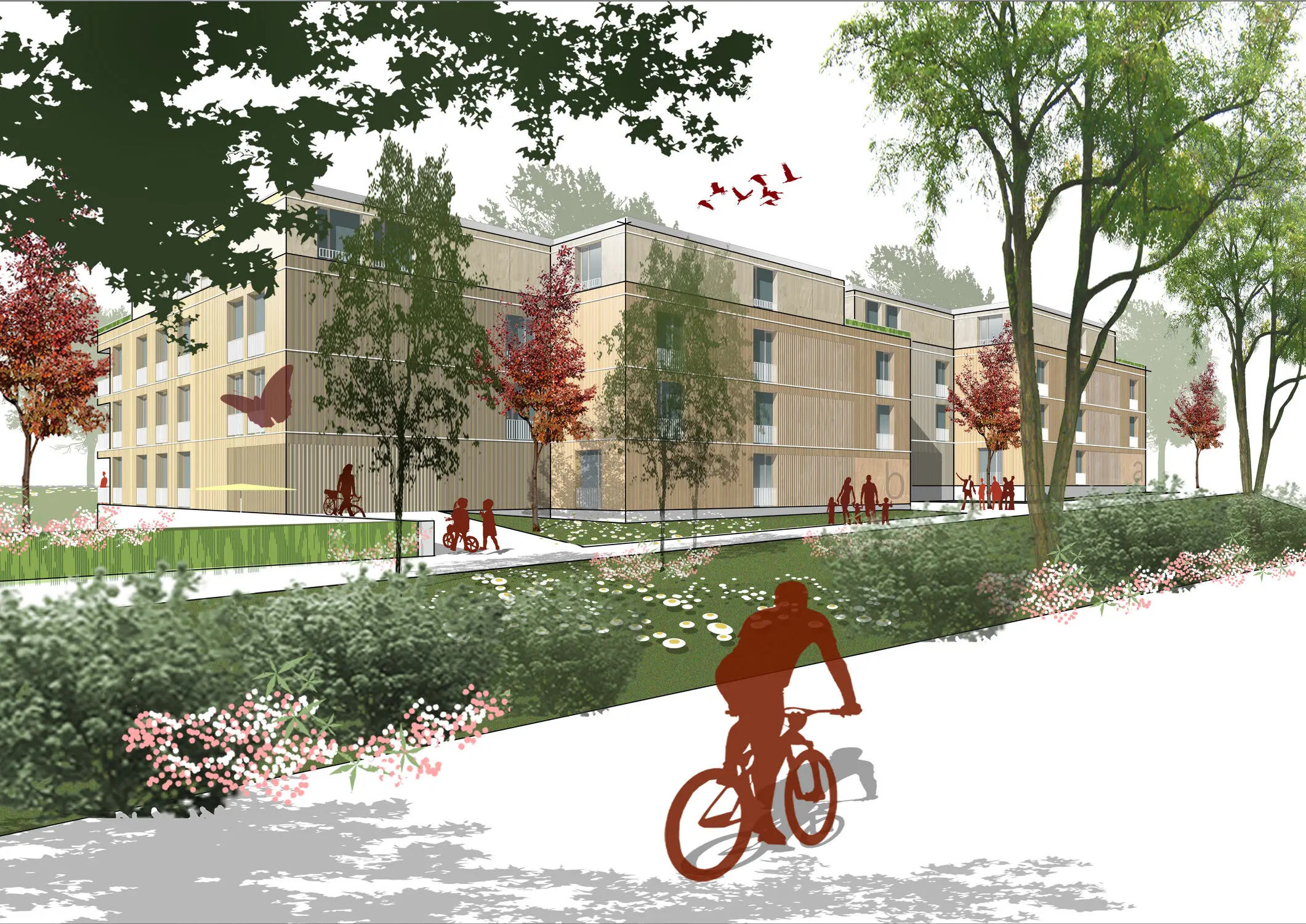 Visualization of modern apartment buildings by weisenburger in Leonberg-Schuetzenrain with a focus on sustainability and integration into nature