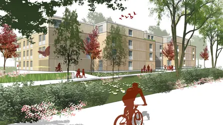 Visualization of modern apartment buildings by weisenburger in Leonberg-Schuetzenrain with a focus on sustainability and integration into nature