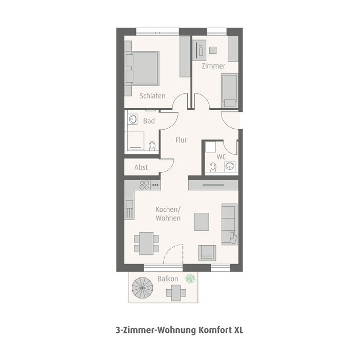 weisenburger 2D Grundrissmodell einer drei Zimmerwohnung mit Kueche, zwei Badezimmer, zwei Schlafzimmer und Balkon 