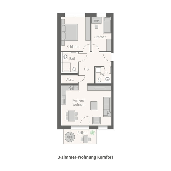 Grundrissmodell einer drei Zimmerwohnung mit großem Wohnbereich, zwei Schlafzimmer und Balkon 