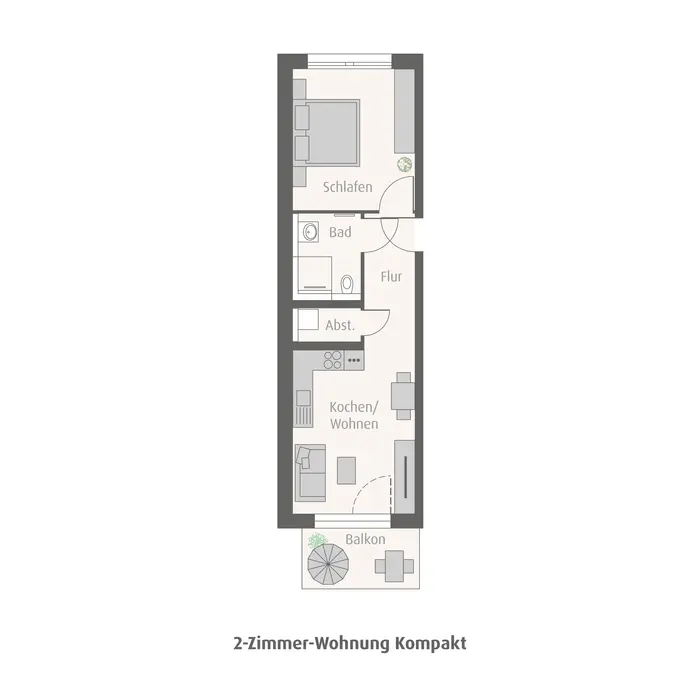 Grundrissmodell einer zwei Zimmerwohnung mit offener Kueche und Balkon 