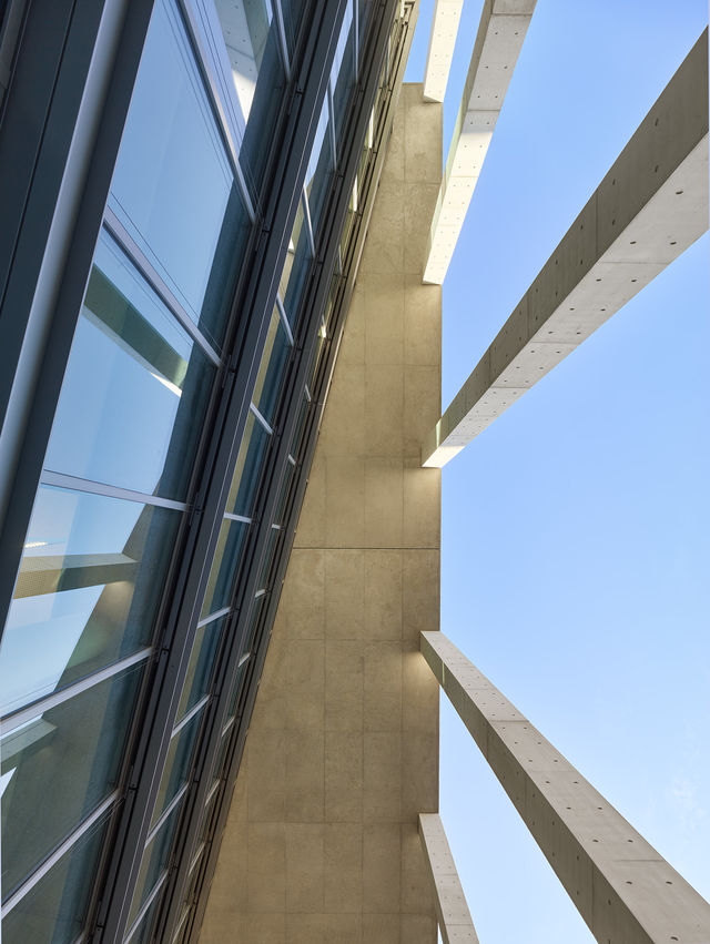 Looking up on the west side of the building: the window front, concrete ceiling and concrete columns can be seen.