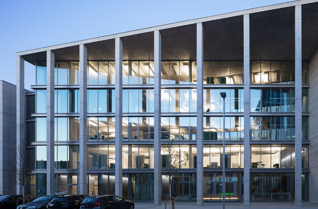 Concrete pillars flanking the entrance on the west side.