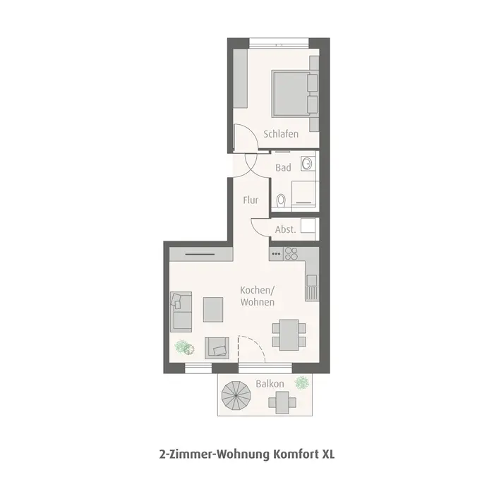 Grundrissmodell einer zwei Zimmerwohnung mit großem Wohnbereich, Essbereich und Balkon 