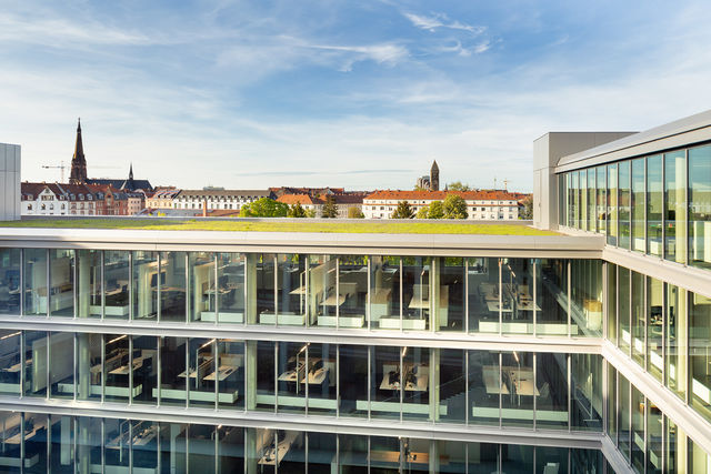 View from the sixth floor of the opposite glass facade.