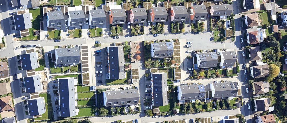 A residential area made of townhouses from the bird´s eye view