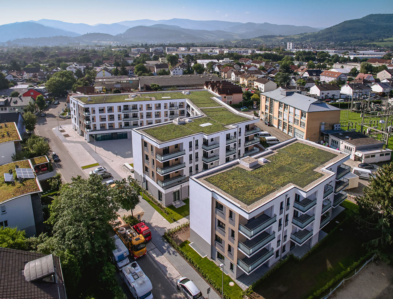 Aerial view of the care facility built by weisenburger in Freiburg