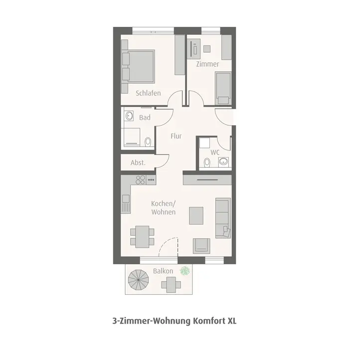 weisenburger 2D Grundrissmodell einer drei Zimmerwohnung mit Kueche, zwei Badezimmer, zwei Schlafzimmer und Balkon 