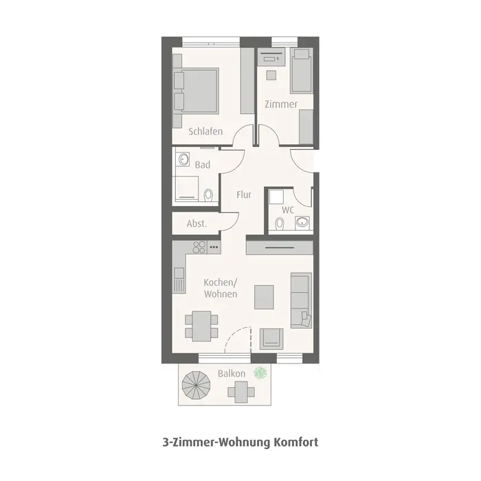 Grundrissmodell einer drei Zimmerwohnung mit großem Wohnbereich, zwei Schlafzimmer und Balkon 