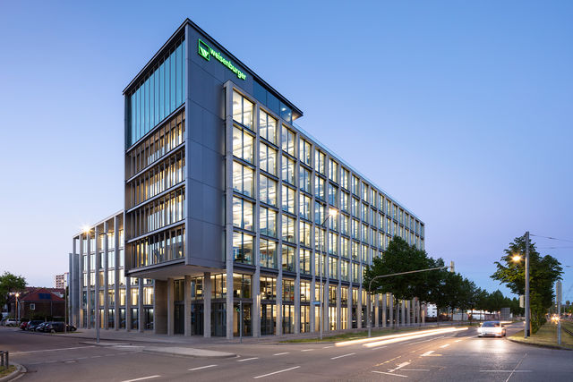 south facade of the weisenburger headquarter in the dusk