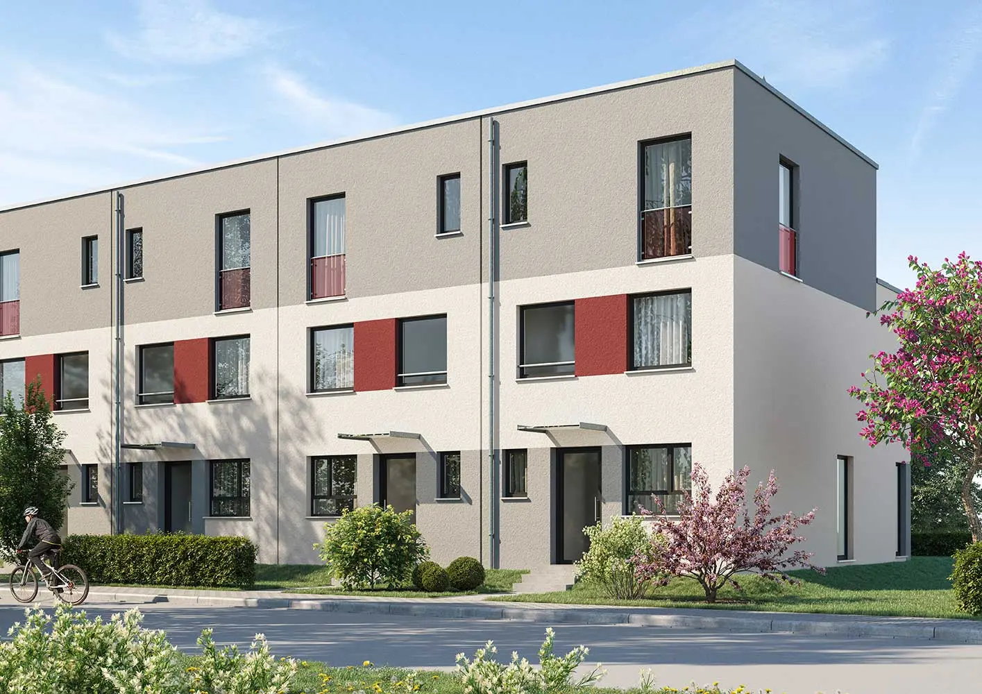 [Translate to English:] Reihenhaus vom Typ STYLE 520 visualisiert mit Vorgarten und Flachdach