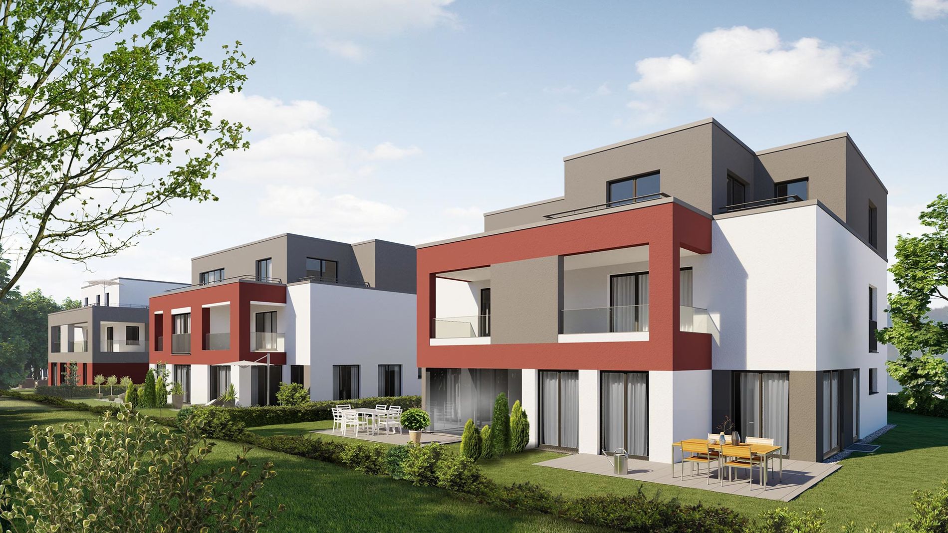 Visualisierung einer Gartenansicht von einem weisenburger Projekt von Doppelhaushaelften in Baden Oos 
