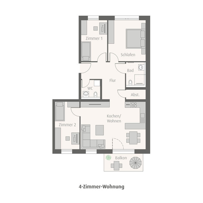 Grundrissmodell einer vier Zimmerwohnung mit drei Schlafzimmer, offener Kueche und zwei Badezimmer 
