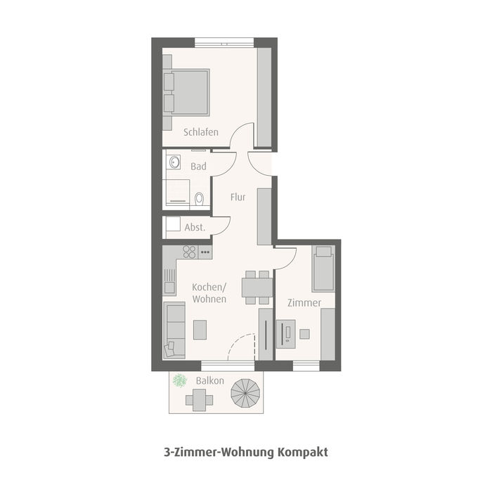 weisenburger Grundrissmodell einer  drei Zimmerwohnung mit Kueche, Badezimmer, zwei Schlafzimmer und einem Balkon 