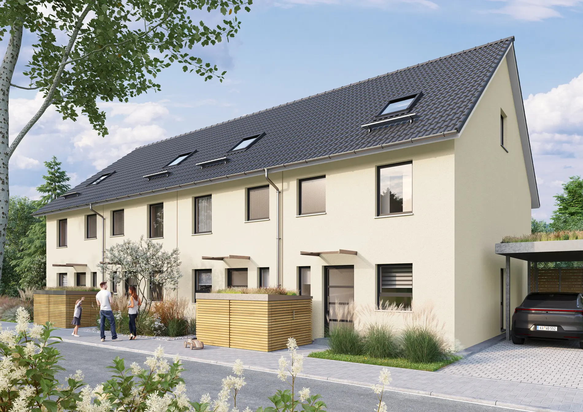 [Translate to English:] Reihenhaus vom Typ Woogie visualisiert mit Satteldach und Vorgarten