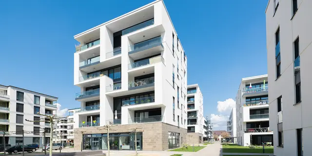 Apartment buildings built by weisenburger in a new residential area in Freiburg