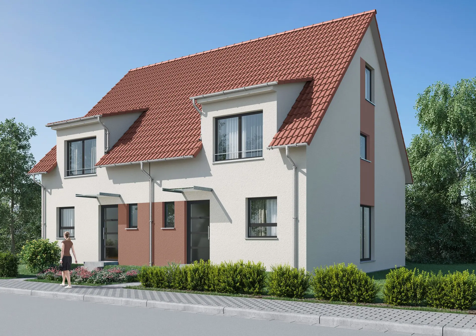 [Translate to English:] Reihenhaus vom Typ RUMBA visualisiert mit Satteldach und Vorgarten