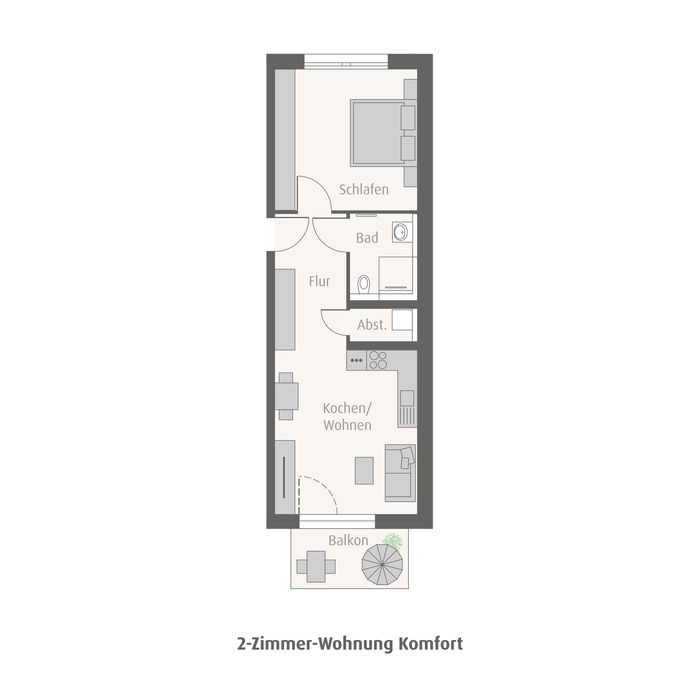 weisenburger Grundrissmodell einer zwei Zimmerwohnung mit Kueche, Badezimmer, Schlafzimmer und Balkon 