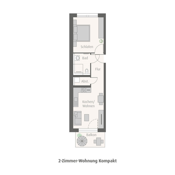 Grundrissmodell einer zwei Zimmerwohnung mit offener Kueche und Balkon 