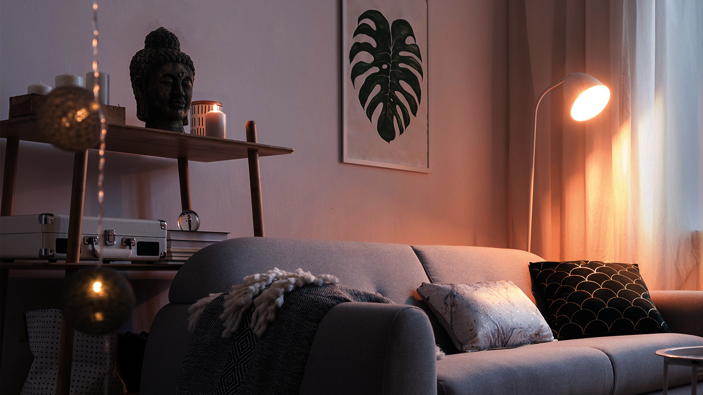 Gemütliches Wohnzimmer mit grauer Couch, Pflanzen und indirekter Beleuchtung