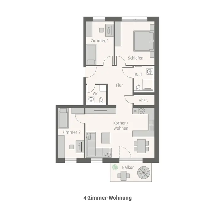 Grundrissmodell einer vier Zimmerwohnung mit drei Schlafzimmer, offener Kueche und zwei Badezimmer 