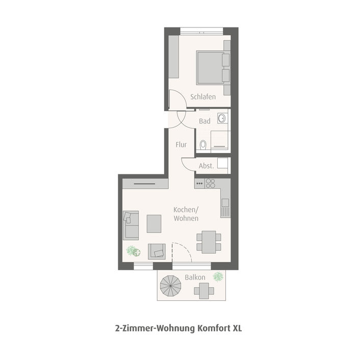 Grundrissmodell einer zwei Zimmerwohnung mit großem Wohnbereich, Essbereich und Balkon 
