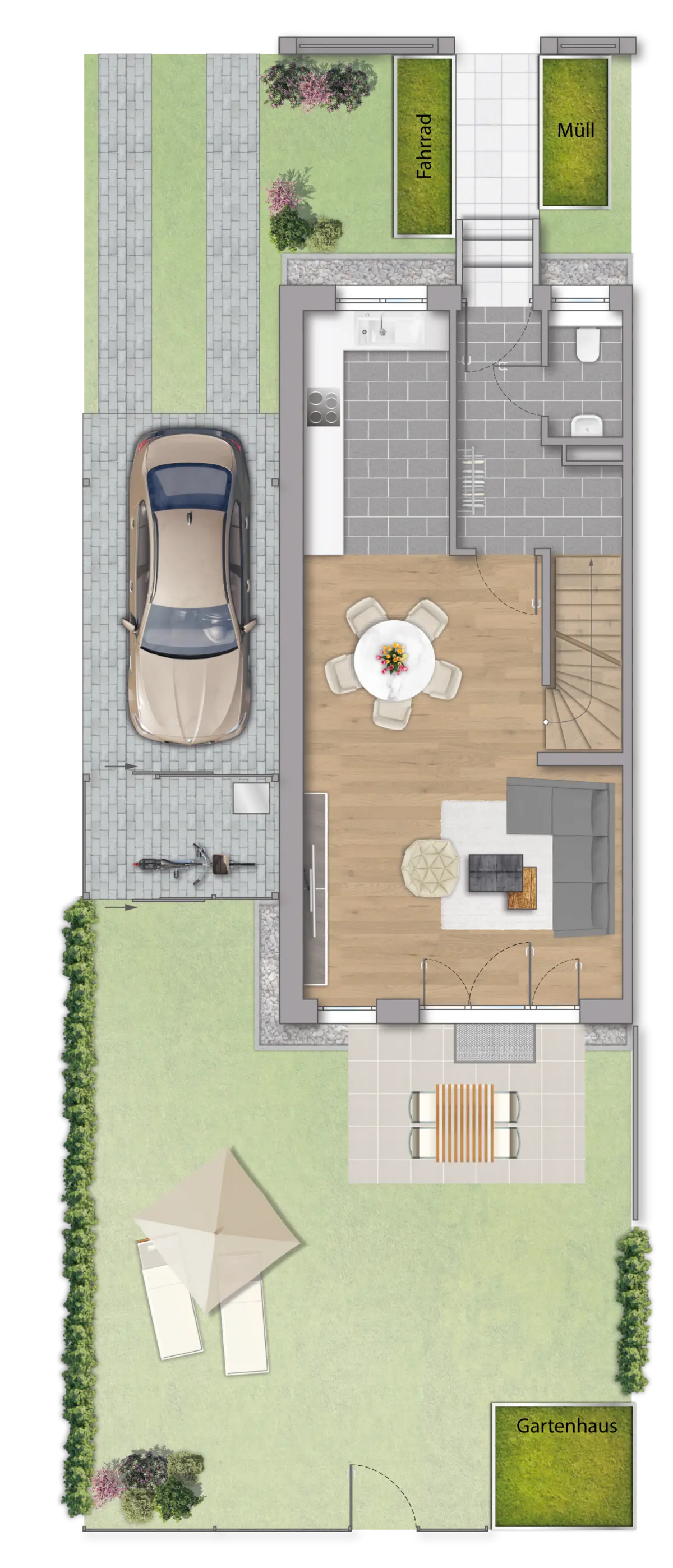 Reihenhaus mit Garten: Grundriss Grundriss eines modernen Einfamilienhauses der weisenburger-Gruppe mit Garten, Terrasse, Stellplatz und Details zur Raumaufteilung.